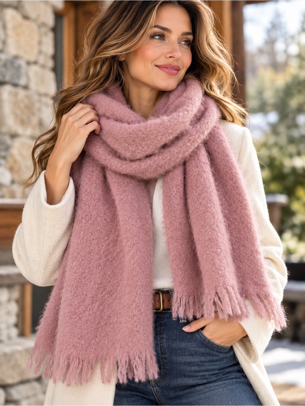 Dusty Rose Glentana Mohair fringe scarf/shawl